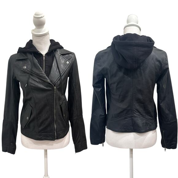 Caslon Jackets & Blazers - Caslon Black Leather Moto Biker Jacket Removable Hood Indie Sleaze Punk Edgy Emo